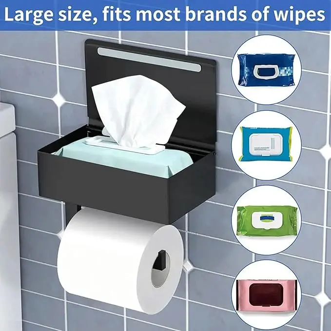 Toilet Paper Holder with Shelf and Wipes Storage Box, Wall-Mounted Stainless Steel Bathroom Tissue Holder, Flushable Wipes Dispenser (Black)