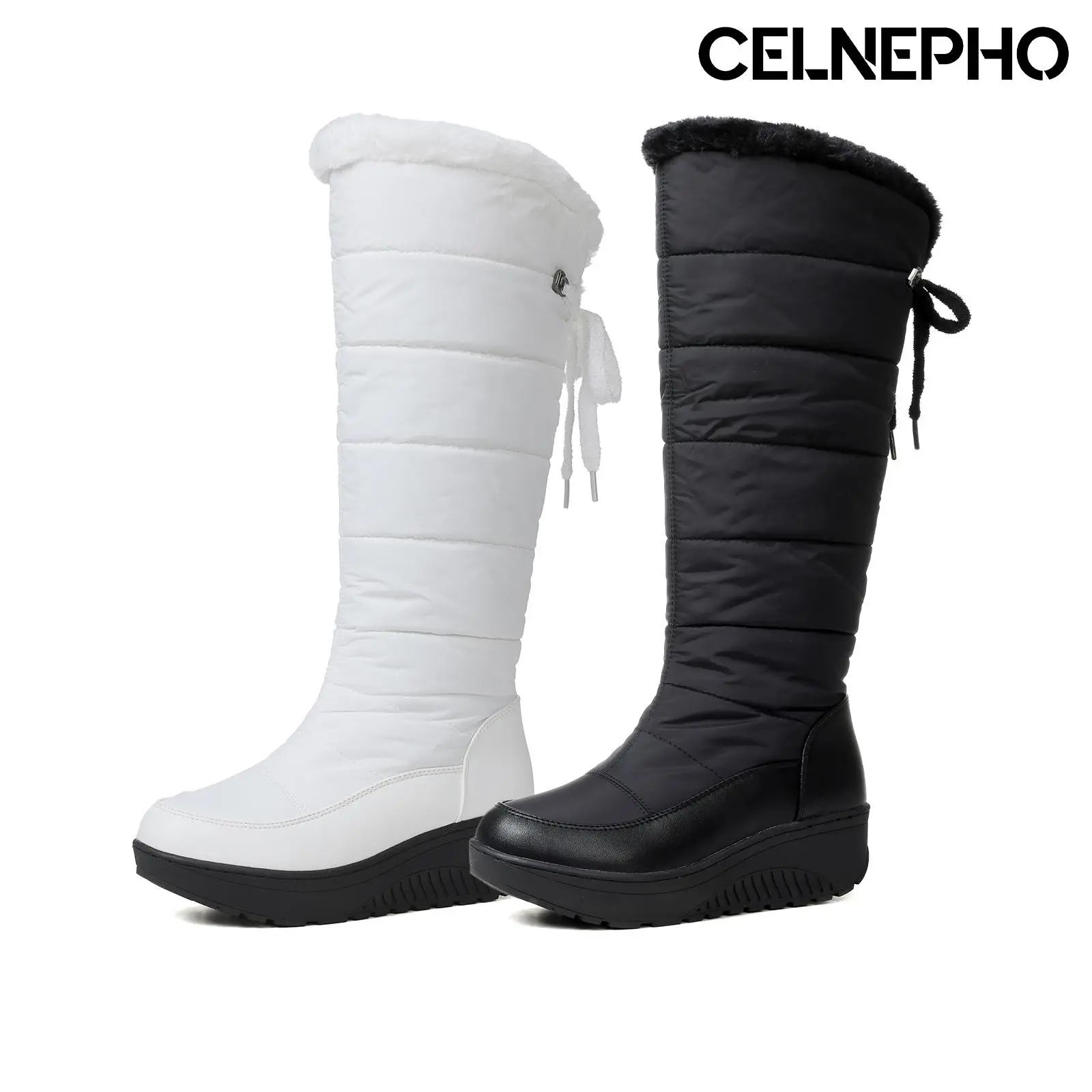 CELNEPHO Knee High Boots for Women Round Toe Combat Platform Heel Winter Boot Easy Pull on Fluffy Faux Fur Lining Conmfy Snow Boot Travel Outdoor Events Holiday Dress Shoes
