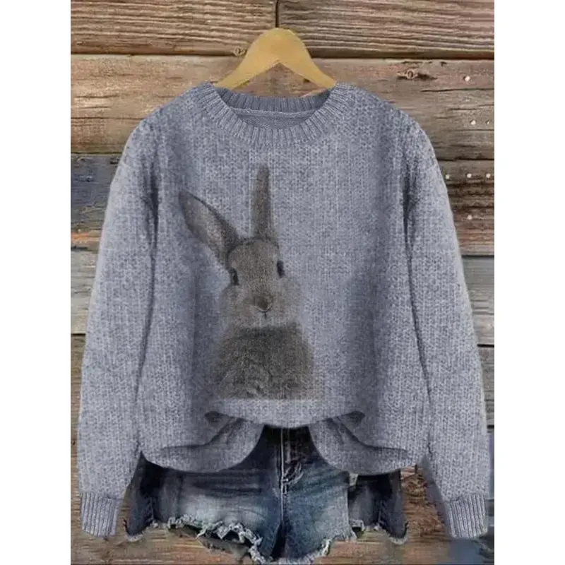 Women's Rabbit Print Drop Shoulder Crew Neck Sweater, Casual Chic Long Sleeve Round Neck Jumper for Fall & Winter, Fashion Ladies' Knitwear for Daily Wear, Women's Clothing, Sweaters for Women, Cute Tops, Knit Pullover Tops Women's Rabbit Print Drop Shoulder Crew Neck Sweater, Casual Chic Long Sleeve Round Neck Jumper for Fall & Winter, Fashion Ladies' Knitwear for Daily Wear, Women's Clothing, Sweaters for Women, Cute Tops, Knit Pullover Tops