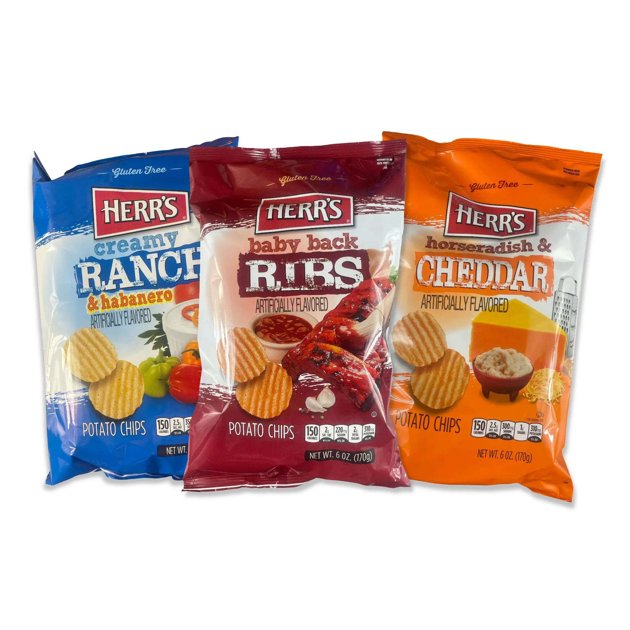 Herr's Bold Flavored Potato Chips 6 oz Bags, 2 Pack Choose Flavor Creamy Ranch & Habanero, Horseradish & Cheddar, Baby Back Ribs