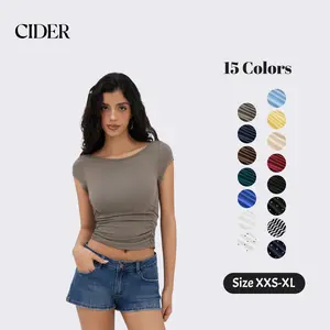 Cider Minimalist Daily Boat Neck Ruched Tee for Office Work, Elegant Fitted Top, Ladies Basic Short Sleeve T-Shirt, Summer Casual Outfits, Lady Blouses SummerWins Dealsforyou