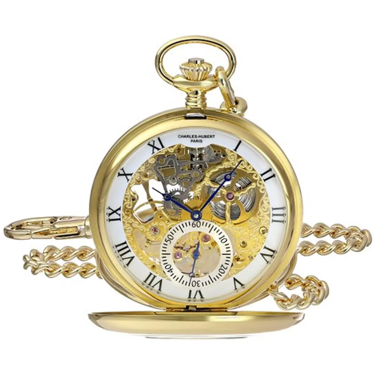 212 MAIN Unisex Round Charles-Hubert Paris Stainless Steel Demi Hunter Mechanical Wind Double Cover Pocket Watch