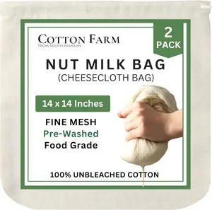 Cotton Farm Nut Milk Bag & Cheese Cloth Bag (Ultra Dense), XL 14 × 14 Inch, 100% Unbleached Cotton Cheesecloth for Precise Food Straining, Washable & Reusable