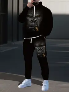 Men's Casual Fitted Long Sleeve Hoodie & Pants Set, All-Season Wear, Block Monkey Pattern, Couple Matching