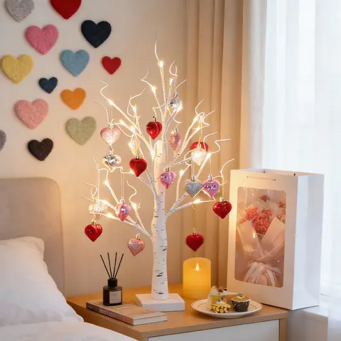 18-Piece Plastic Valentine's Day Heart Decor LED Lights Set with Birch Tree Ornaments, Battery-USB A Powered, Wedding & Living Room Tabletop Romance Ambiance Novelty Lighting Decoration
