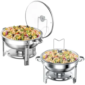 Chafing Dish Buffet Set 2 Pack, TINANA 5QT Stainless Steel Chafing Dishes for Buffet with Glass Lid & Lid Holder, Round Chafers and Buffet Warmers Sets for Parties, Events, Wedding, Camping, Dinner