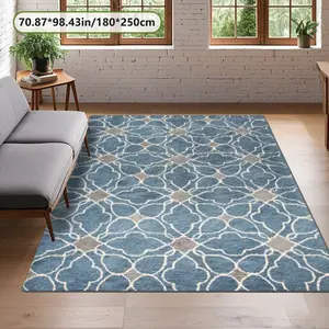 Moroccan Blue Geometric Patterned Carpet, Soft Velvet Modern Rug, Home Decor for Living Room, Bedroom, Coffee Shop, Multi-Scene Use