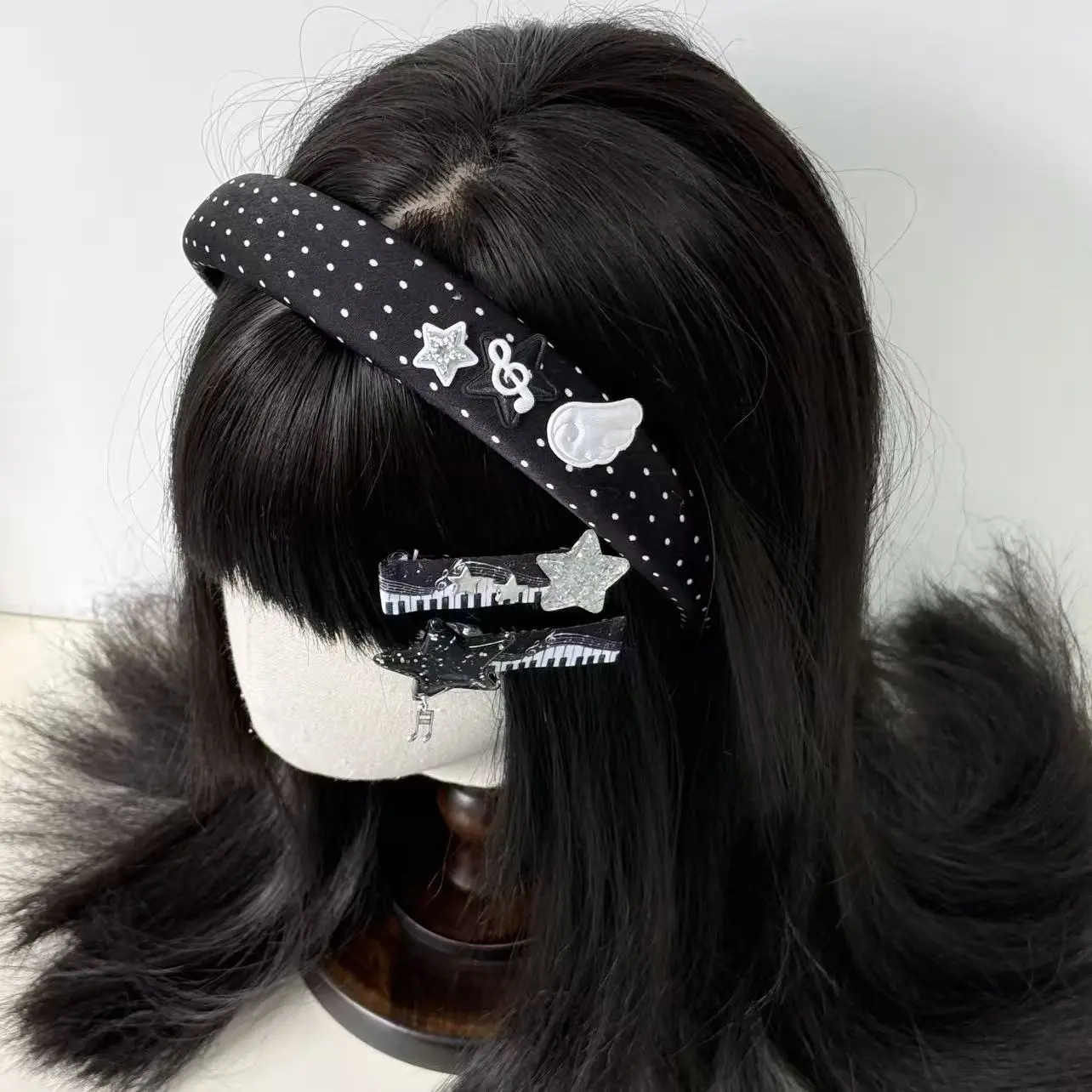 Vintage Polka Dot Polyester Unisex Headband and Hair Clips Set - With Music Note Wing, Piano Star Charms - Stylish Hair Accessories for Women, Vintage Charm Elevation