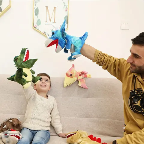 DDEMSMOE Plush Dinosaur Hand Puppets - Safe Materials, BPA-Free, Latex-Free, Unisex Stuffed Toys with Open Movable Mouth, Plush Fabric for Cozy Cuddle Play, Soft Cuddly Gift for Toddlers, Sweet Gift for Birthdays and Holidays