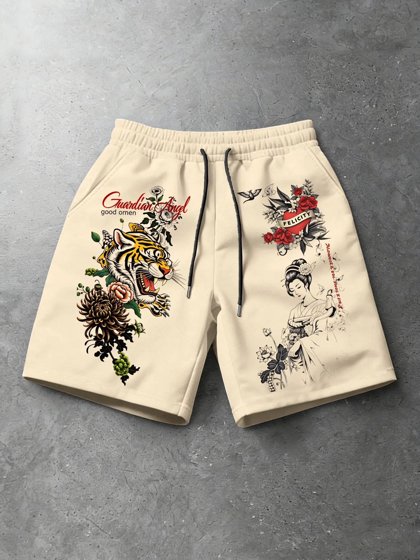 Men's Fashion Casual Shorts, Tiger Geisha Graphic Print Traditional Aesthetic, Floral Elements, Adjustable Drawstring Waist, Street Style, Trendy Men