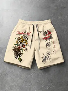 Men's Fashion Casual Shorts, Tiger Geisha Graphic Print Traditional Aesthetic, Floral Elements, Adjustable Drawstring Waist, Street Style, Trendy Men
