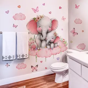 A set of two (30*90cm*2pcs) creative hand-painted pink elephant, butterfly and cloud wall stickers for living room, bedroom, princess room decoration background wall decals (M16098-YJ)