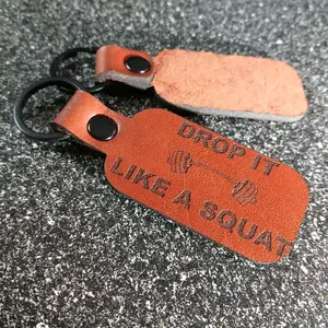 Drop It Like a Squat Handmade Leather Keychain with Engraved Gym Motto and Durable Key Ring