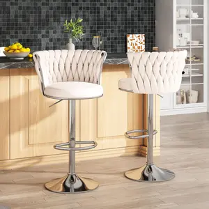AWQM Velvet Bar Stools Set of 2, Modern Swivel Bar Chairs with Adjustable Height, Upholstered Kitchen Island Chairs,,Beige, Black, Grey
