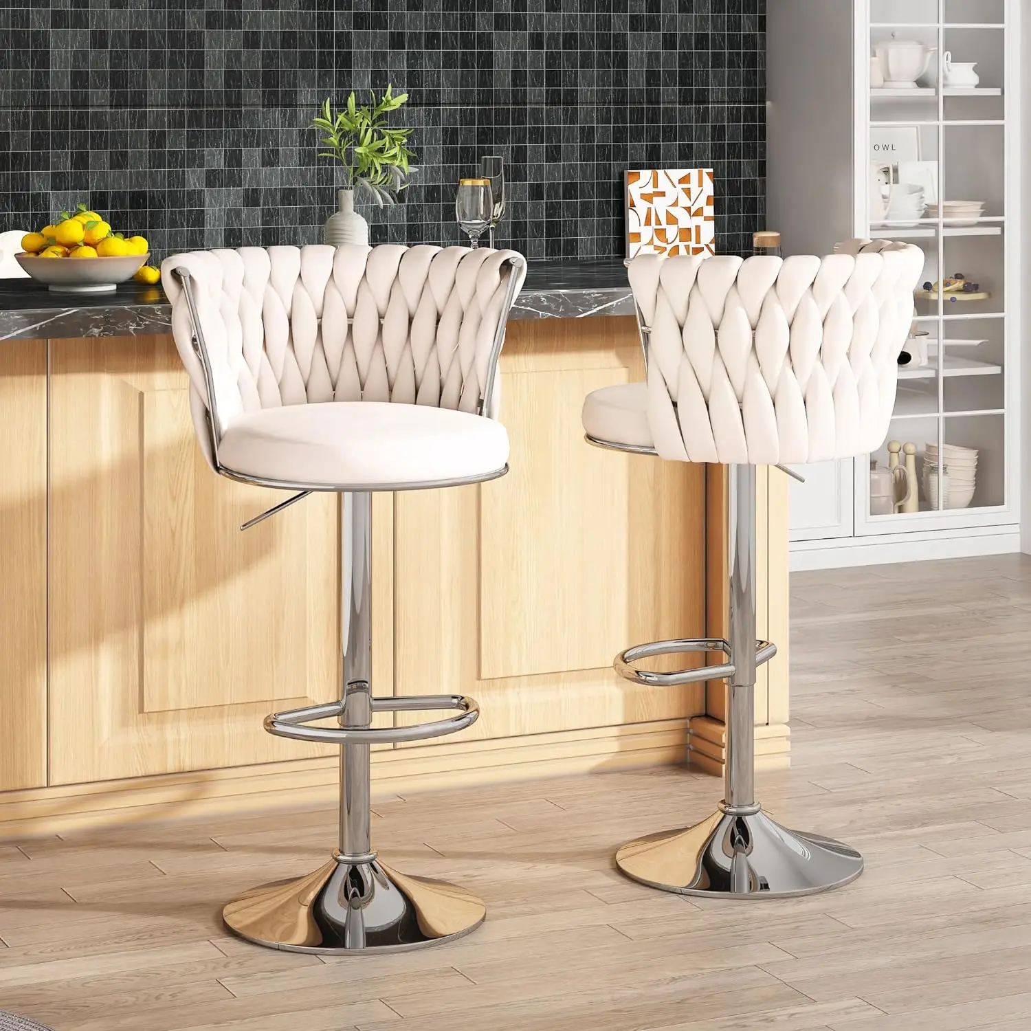 AWQM Velvet Bar Stools Set of 2, Modern Swivel Bar Chairs with Adjustable Height, Upholstered Kitchen Island Chairs, Beige, Black, Grey