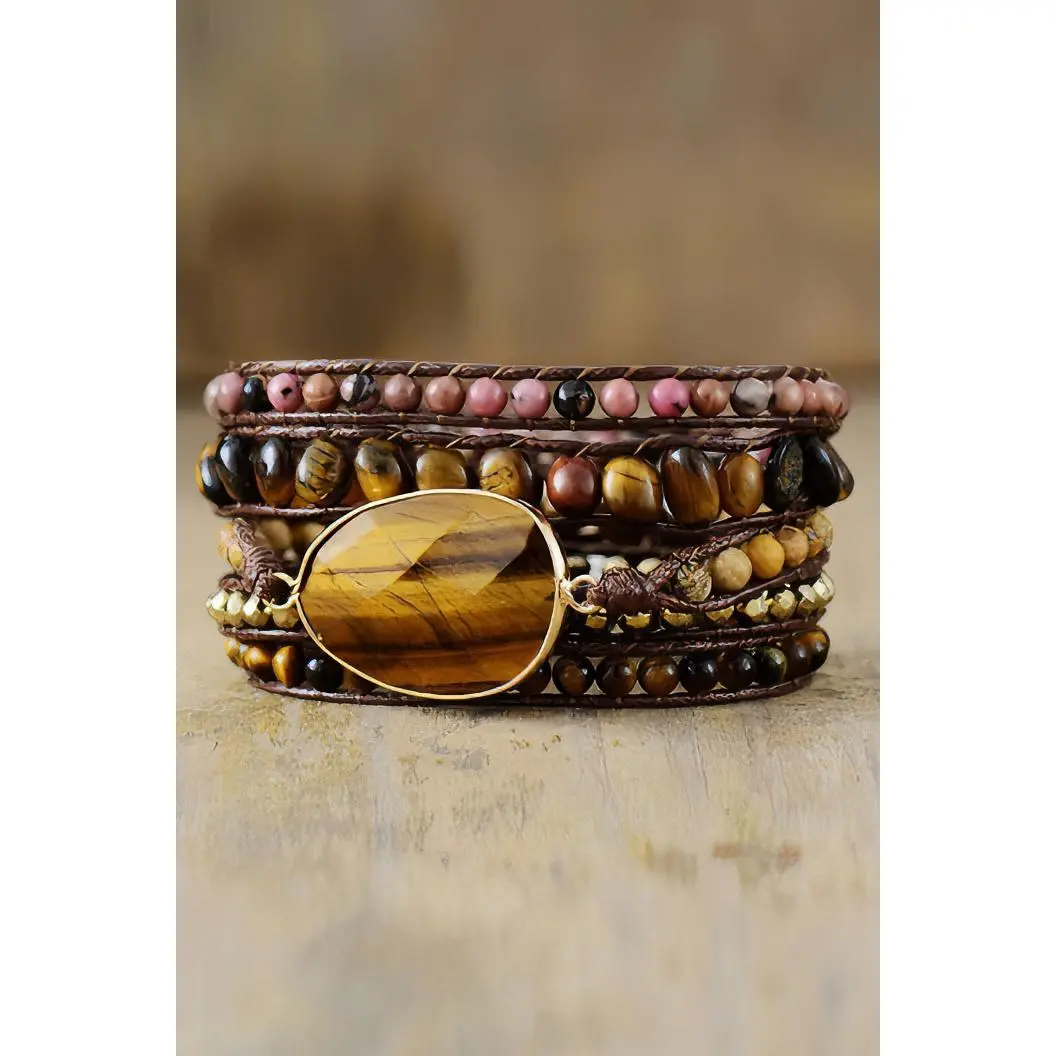Natural Stone Layered Bracelet Gold Color Modern Style 32.7 in Chain Length 1.4 oz Weight Imported Jewelry