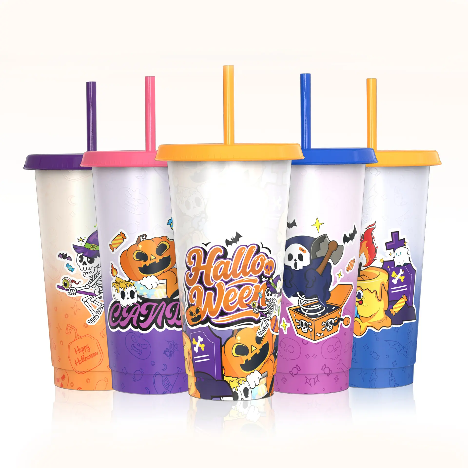 Halloween Decorations Color Changing Reusable Cups with Lids and Straws - 5 Pack 24 oz Plastic Tumblers Bulk with Lids and Straws - Reusable for Party Cups Drinkware