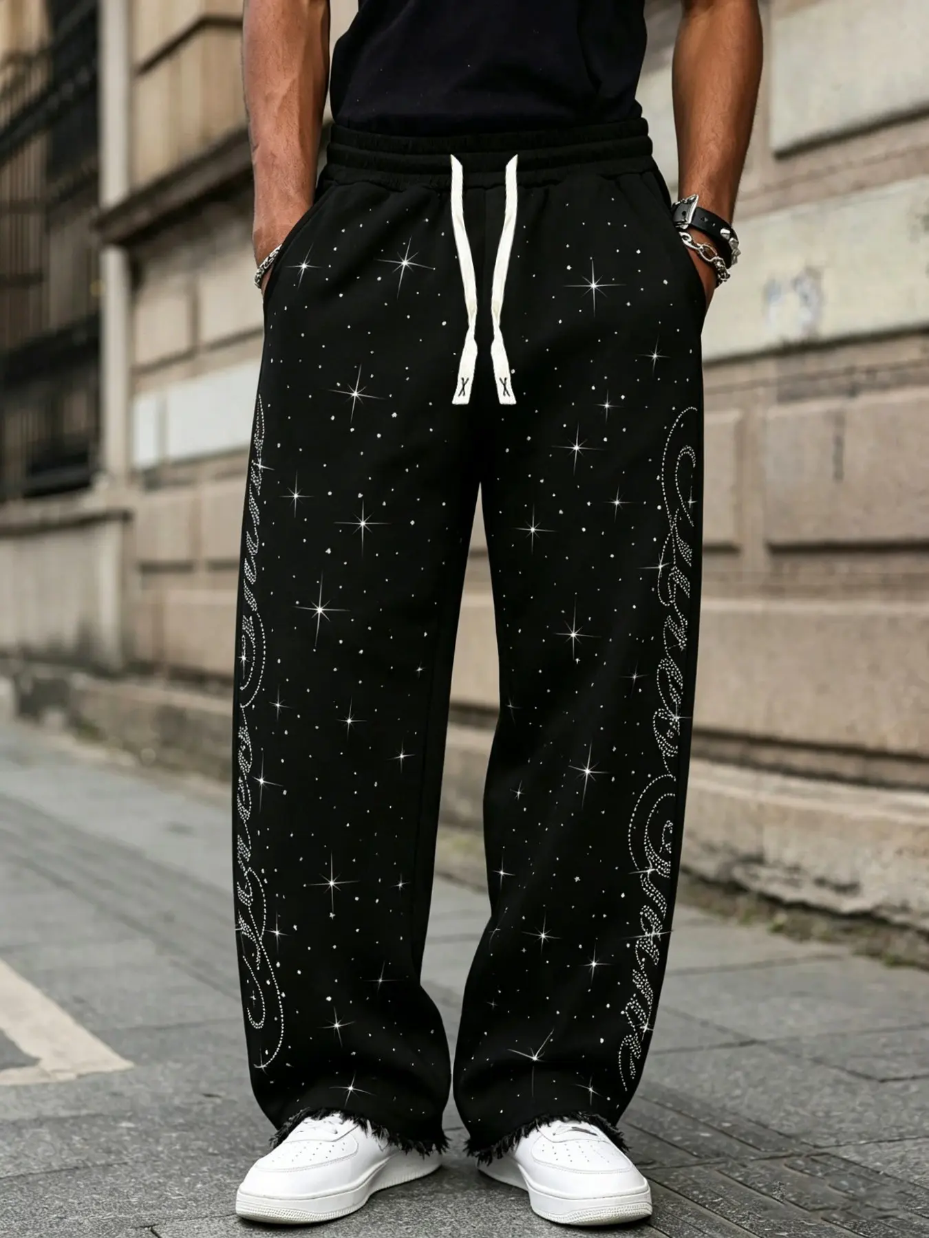 Men's American High Street Rhinestone Wide Leg Comfy Loose Fit Sweatpants, Trendy Rhinestone Fringe Straight Pants, Casual All Season Wear