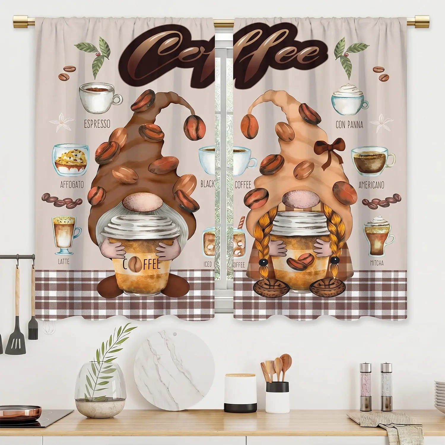 2-Panel Rod Pocket Cafe Curtains, 01-Coffee Cottagecore Style with Farmhouse Retro Gnomes, Coffee Cup Watercolour, Rustic Brown Buffalo Plaid, 30% Blackout, Wrinkle Resistant, Machine Wash, 27.5"W X 39"L, Light Filter for Kitchen/Cafe Bedroom Decor, Rod P