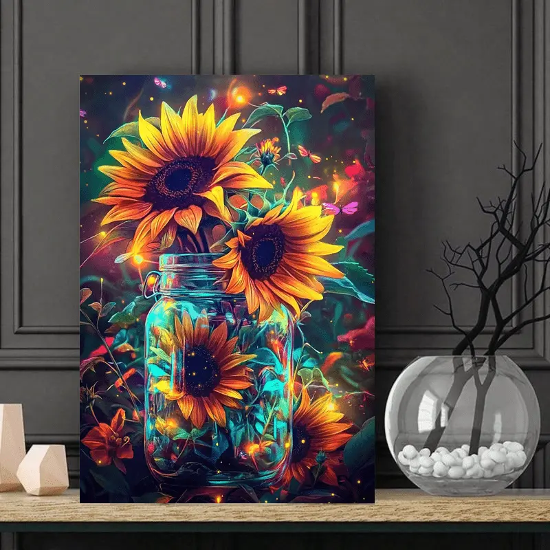 Artistic Bright Sunflower Framed Oil Artwork Print - 1 Wrapped Wood Decor, Modern Indoor Home Supplies for Living Room, Office, Flowers-Themed Wall Decor