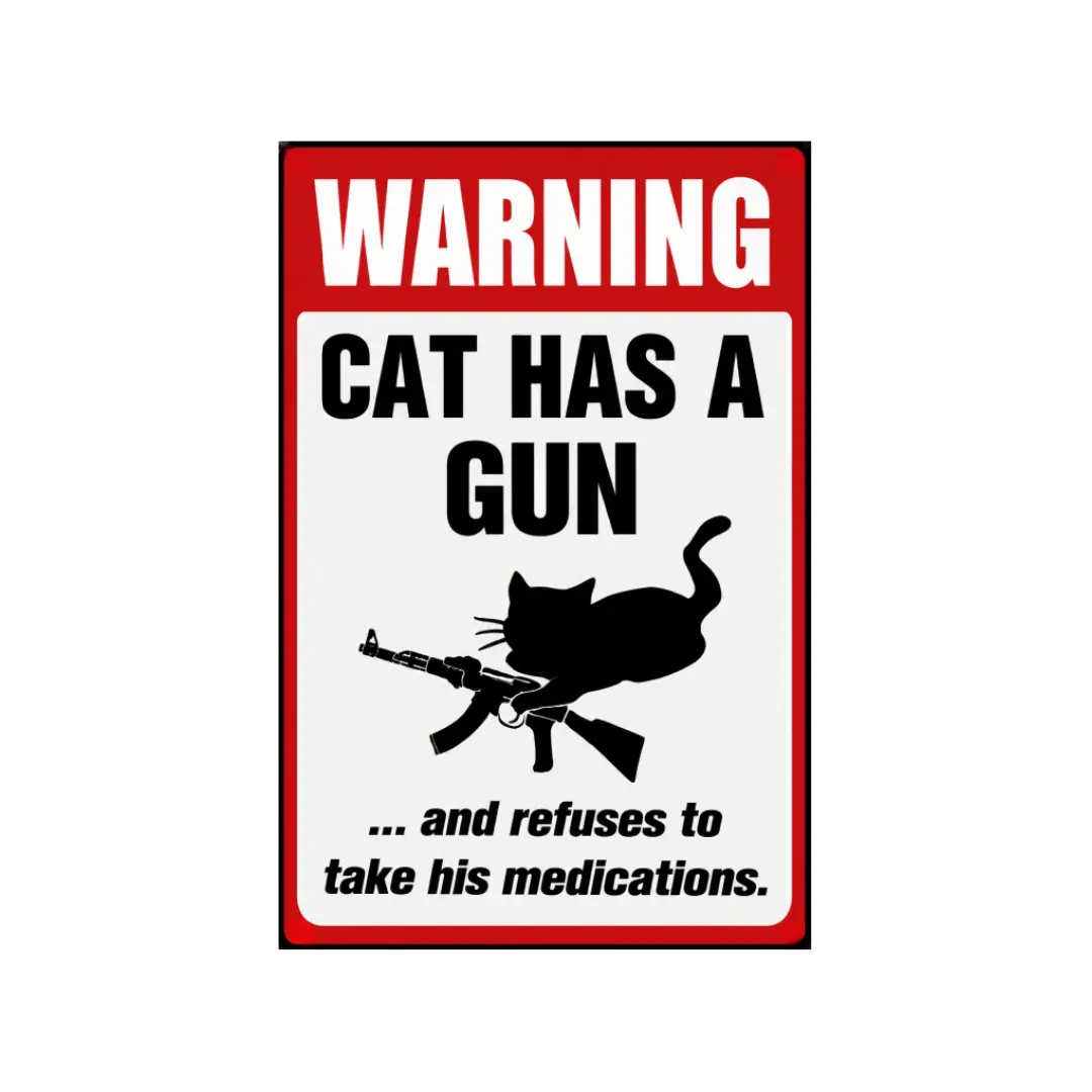 8x12 in Retro Vintage Aluminum Decorative Hanging Wall Art Sign - "WARNING CAT HAS A GUN" Funny Silhouette Kitten Rifle Humor Metal Tin Plaque, Halloween Gift for Cat Lovers (Home Supplies for Garage, Office, Indoor Outdoor Use)
