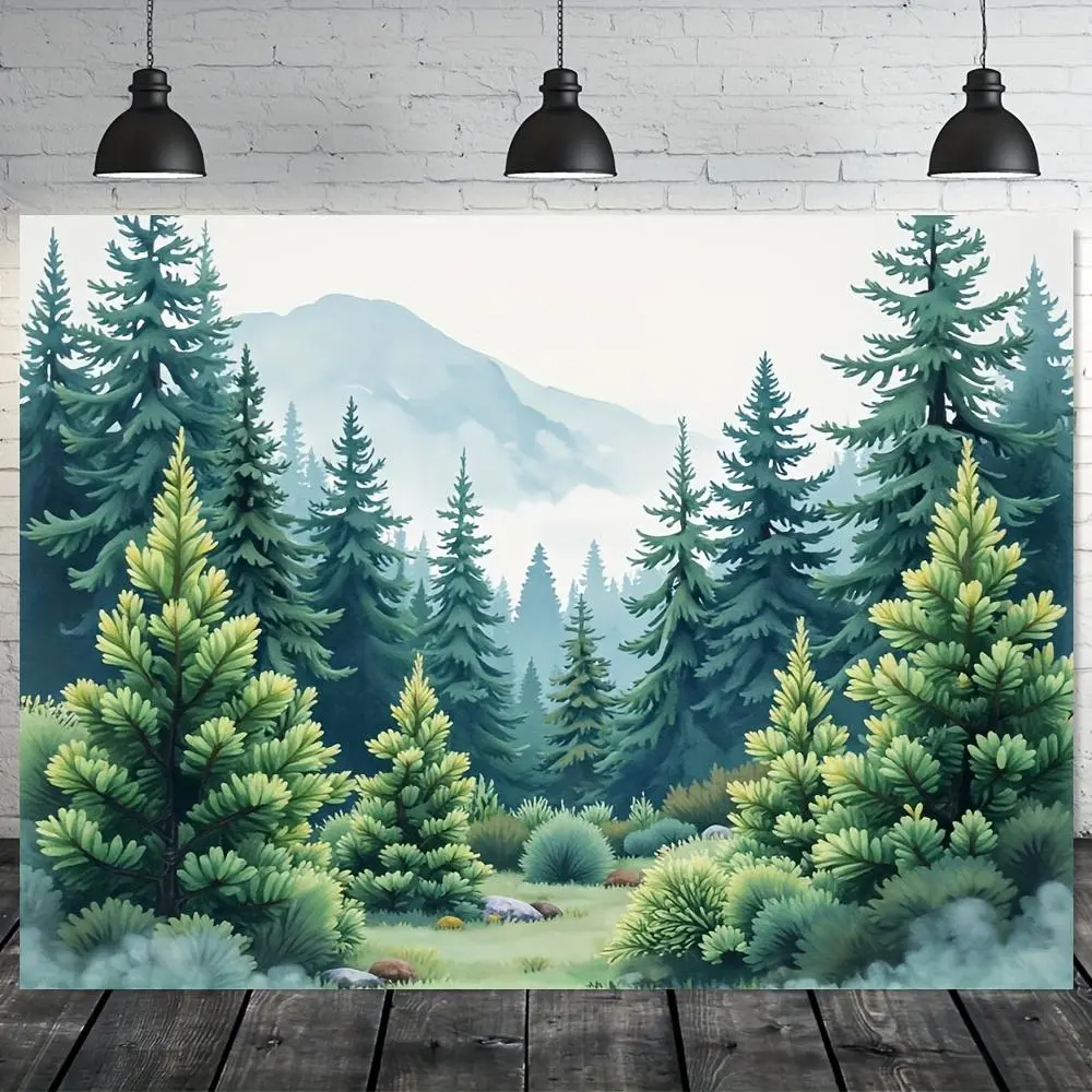 1pc 2D Flat Enchanted Forest Synthetic Polyester Tapestry - Glam, Durable Indoor Backdrop with Lush Green Pine Trees, Misty Mountains for Aesthetic Room Decor, Spring Festival Party, Indoors