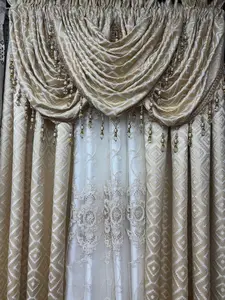 Maxine 7-Piece Luxury Curtain Set With Ruthland Sheer & Backing Premium Jacquard Fabric Beaded Valances Beige Color Interior Decoration Accessories