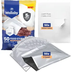 Wallaby 2-Quart Mylar Bags with Labels (50 Count) 10 Mil Total Thickness, Long-Term Food Storage Pouches, Heat-Sealable Airtight Packaging - Silver