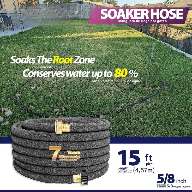 5/8" 15FT Heavy Duty Soaker Hose with Brass Connectors  Ultra-Flexible Drip Irrigation for Gardens, Lawns & Raised Beds
