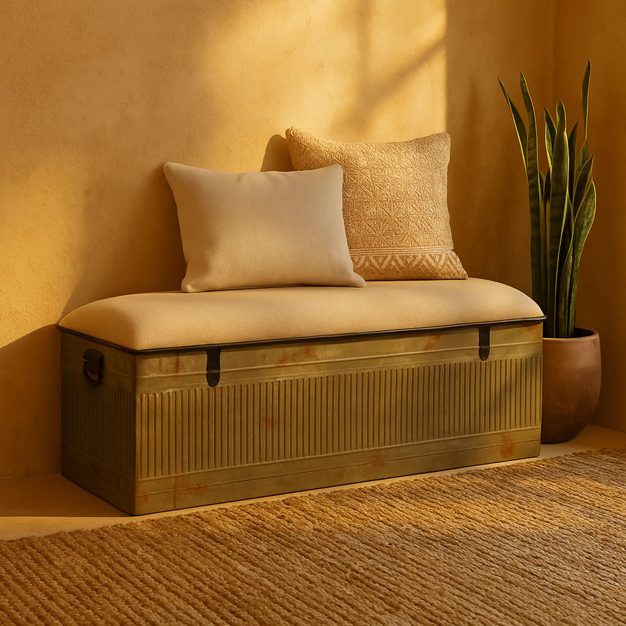 Indoor Rustic Iron Entryway Storage Bench, Gray Galvanized Metal, Cream Burlap Top, Black Latches, 400 lbs Capacity, 50l x 16w x 18h inches, Cotton Upholstery