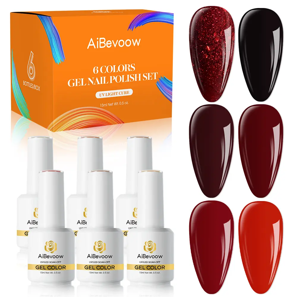 Aibevoow 6Pcs 15ml Hema-Free Red Gel Nail Polish Set- Dark Red Burgundy Glitter Gel Polish Kit DIY at Home Salon Christmas New Year's Gifts for Girls