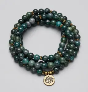 Unisex 8mm Green Moss Agate 108 Mala Beads, 2-in-1 Wrap Bracelet & Long Necklace, Healing Crystal for Money Attraction, Lotus Buddha Charm Yoga Meditation Spiritual Gift