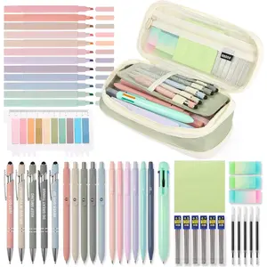 56 count Aesthetic School Supplies with Large Pencil Case, 5 Inspirational Ballpoint Pens, 12 Pastel Highlighters, 5 Black Ink Gel Pens, 6 Mechanical Pencils 0.5-0.7mm Student Essentials (Green)