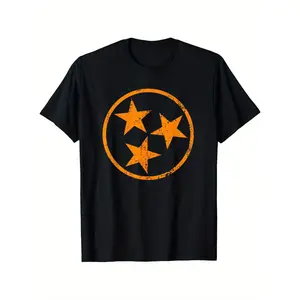 Tennessee Flag Vintage Distressed Graphic T-Shirt, Unisex Cotton Casual Round Neck Short Sleeve Tee with Stretch, 100% Cotton, S-XXXL, Black with Orange Star Design, Casual Wear |   Street Style Shirt |   Machine  double print  cadena graphic tee