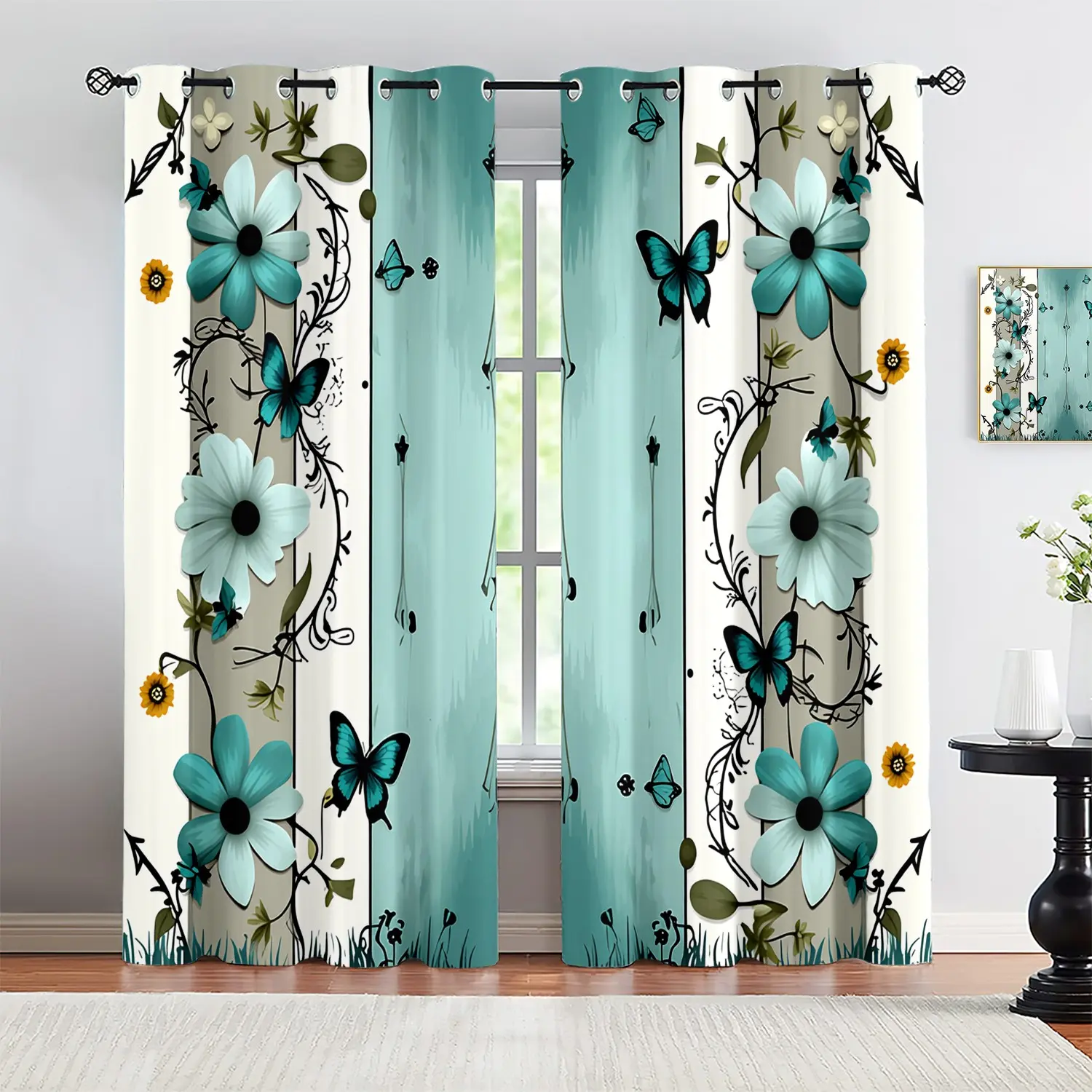 2pcs, Adopting perforated installation, blue and white wooden board butterfly floral printed privacy grommet curtains are suitable for living rooms, kitchens, bedrooms, and home decoration, Home Decorative Curtain