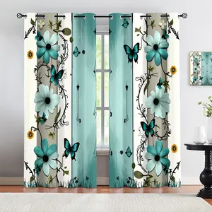 2pcs， Adopting perforated installation, blue and white wooden board butterfly floral printed privacy grommet curtains are suitable for living rooms, kitchens, bedrooms, study rooms, dining rooms, and home decoration