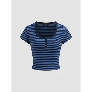 Cider [size 2-10] Square Neck Striped Crop Short Sleeve Tee