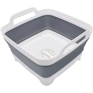 2.4 Gal(9L) Collapsible Dish Basin with Drain Plug, Space Saving Outdoor Multiuse Foldable Sink Tub, Dishpan, Kitchen Storage Tray for Camping, Vegetable Washing, RV (Gray)