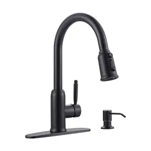 WOWOW Elegant Stainless Steel Single Handle Pull Down Sprayer Kitchen Faucet with Soap Dispenser in Oil Rubbed Bronze
