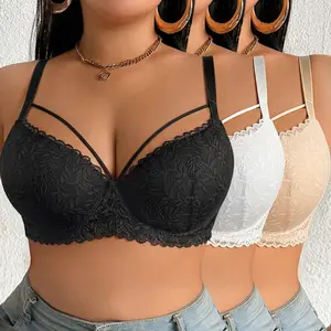 Mimilemon 3PCS Plus Size Sexy Lace Push Up Dating Bra Full Coverage Strappy Underwire Bra with Adjustable Straps for Women's Everyday Lingerie Womenswear