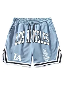 Men's Los Angeles Retro Basketball Shorts - Bold LOS ANGELES & LA Print Light Blue Drawstring Shorts, West Coast Streetwear with Flame Globe Logo, Soft Breathable Mesh Athletic Shorts, Athletic Bottoms, Perfect for Basketball, Summer Outin