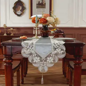 Velvet Fabric Table Runner, Table Scarf, Elegant Embroidered Lace Edge Design, Home Decor Accessory, Perfect for Kitchen & Dining Tables, Indoor/outdoor Use