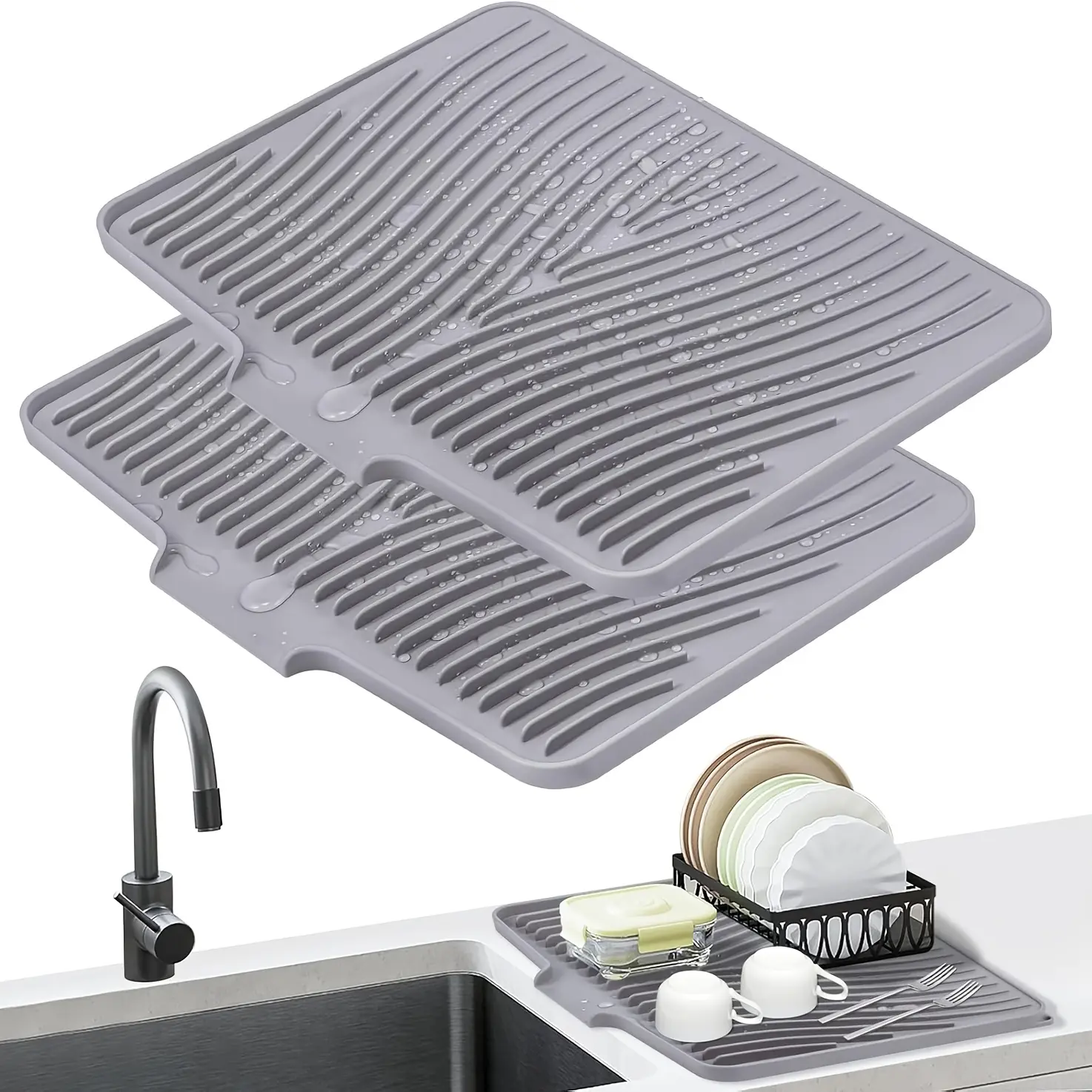 Premium 2-Piece Silicone Rectangular Kitchen Sink Mat (34.5" x 19 in) - Dish Drying Mat with Slanted Drain Design for Automatic Water Draining, Easy Storage, Ideal for Kitchen Organization