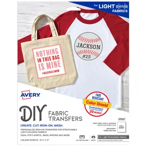 Avery Stretchable Heat Transfer Paper for Light Fabrics, 8.5" x 11", Inkjet Printer, 5 Printable Sheets (3302)