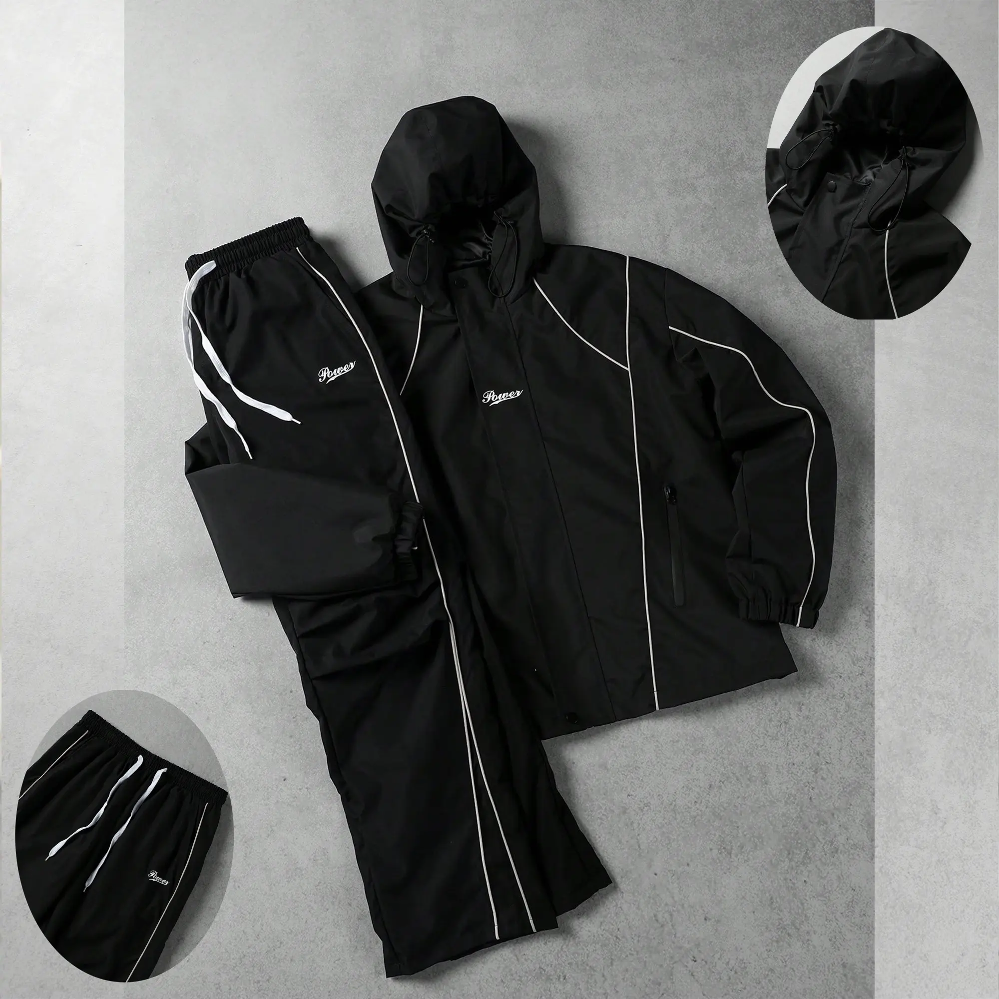 Men's 2-Piece Black Techwear Tracksuit Sweatsuit Set - Loose-Fit Hooded Street-Tech Jacket with Y2K Reflective Piping, Matching Pants, Edgy Streetwear Clothing for Sports & Outdoor Use, Tracksuits
