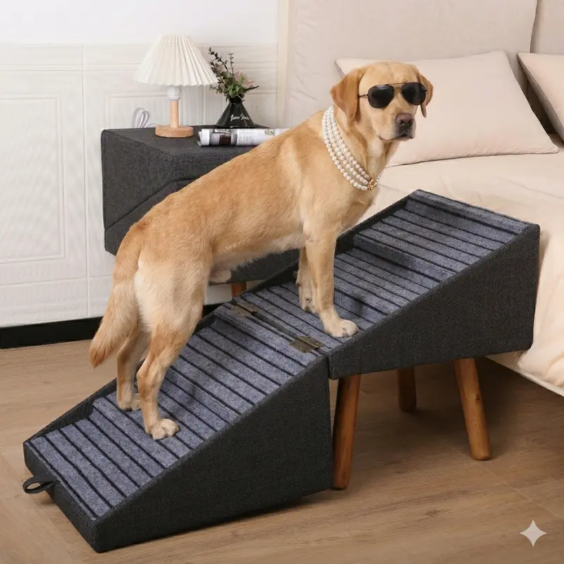 21" Tall Dog Stairs Ramp for Bed | 2-in-1 Wooden Ottoman Dog Ramp, Foldable Pet Steps for Small, Large & Senior Dogs, Helps Protect Joints & Prevent Injury, Stable Solid Wood Feet