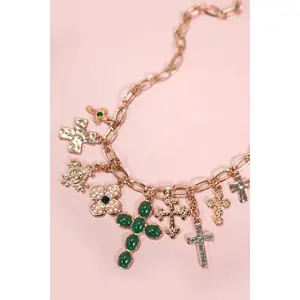 CHARM NECKLACE-MULTI CROSS CHARMS NECKLACE | 80N1290: GOLD