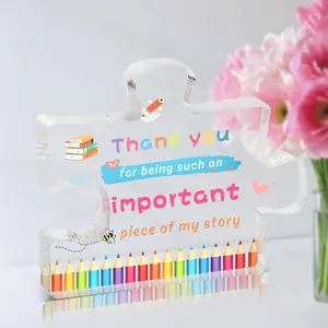 Colorful Pencil Pattern Puzzle Shaped Acrylic Desktop Decor with Wooden Stand, Birthday Art Craft Ornament Gift, Party Decor, Signs
