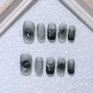 M14 Grey medium short Personalized Love detachable hand press on nails.younique nail.nail short oval