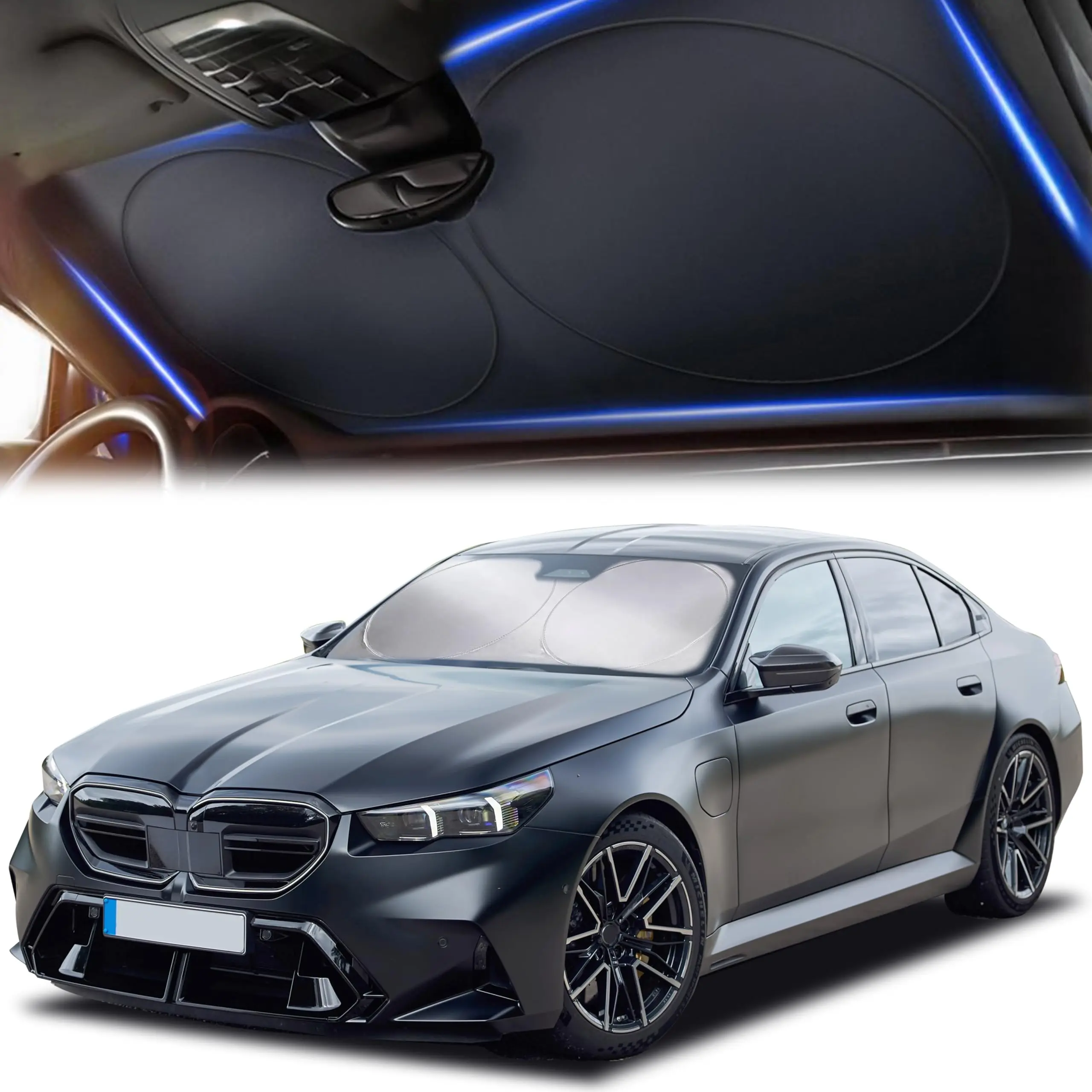 EcoNour S Size 240T Polyester Front Window Sunshade (59"x29") - Sun Shades for Car Windows, Autovir Edge-to-Edge Direct Fit, 99% UV Blocking Heat Shield, Fold-and-Go Figure-8 Pack, Durable for Heatwaves, Sedan & SUV Exterior Accessory